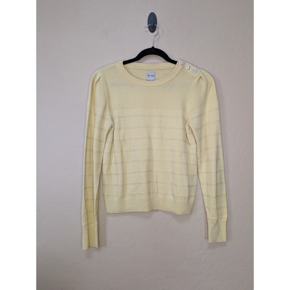 NIC+ZOE Sweaters - NIC+ZOE Yellow Cotton Cashmere Blend Striped Shoulder Button Sweater Medium